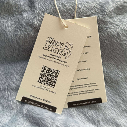 Shark Blanket Authenticity Tags & QR Coded Labels Exclusively Only At Sleepy Sharky™